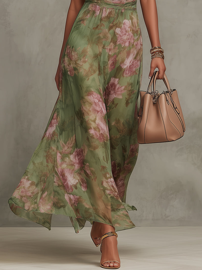 Serena ∙ Long green chiffon dress with a floral pattern