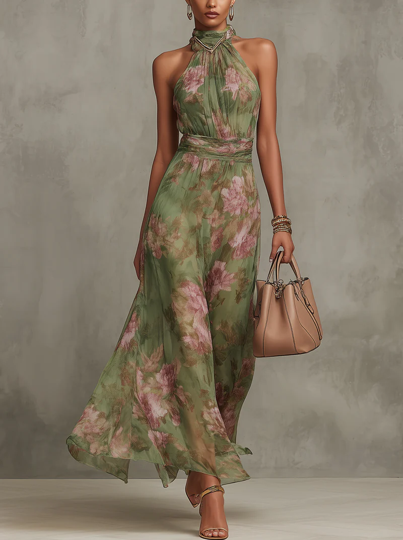 Serena ∙ Long green chiffon dress with a floral pattern