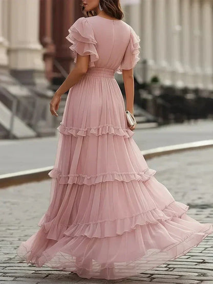 Rosalía | Dusty Pink Maxi Dress with V-Neck, Tiered Ruffles, and Butterfly Sleeves