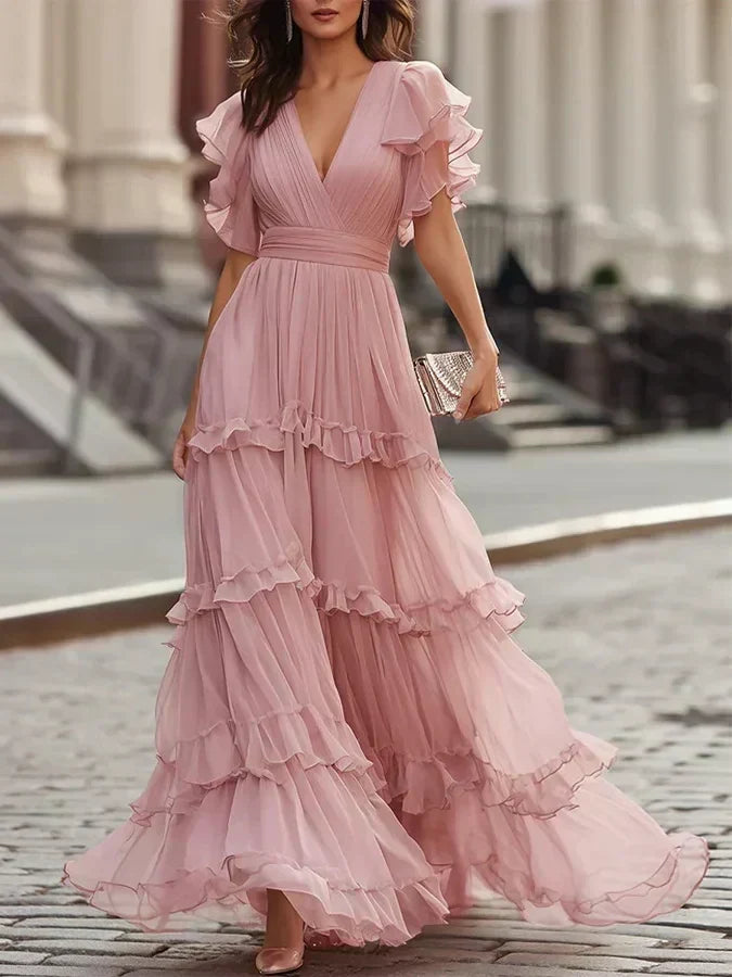 Rosalía | Dusty Pink Maxi Dress with V-Neck, Tiered Ruffles, and Butterfly Sleeves