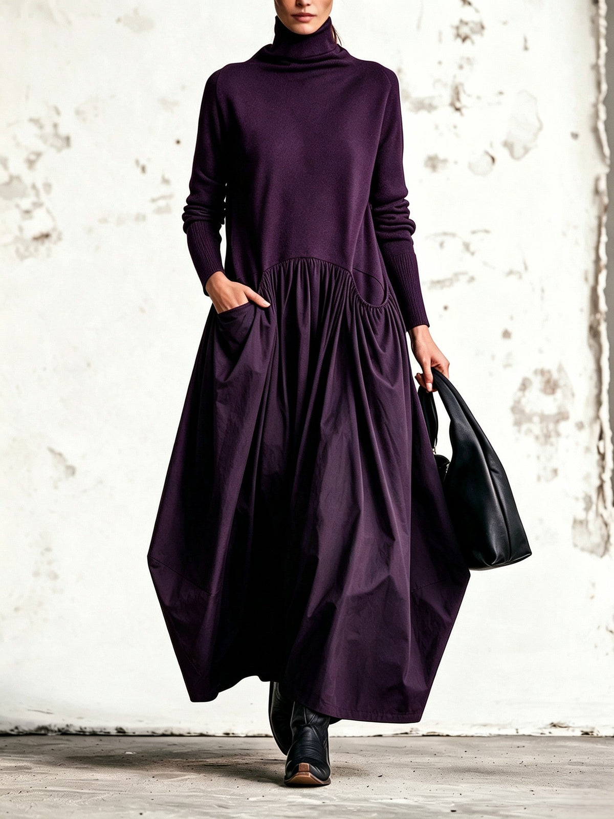 Oversized, high-necked maxi dress with pockets