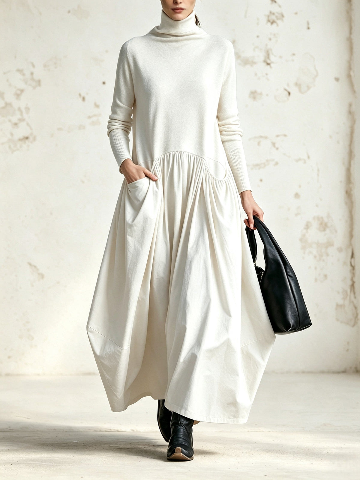 Oversized, high-necked maxi dress with pockets
