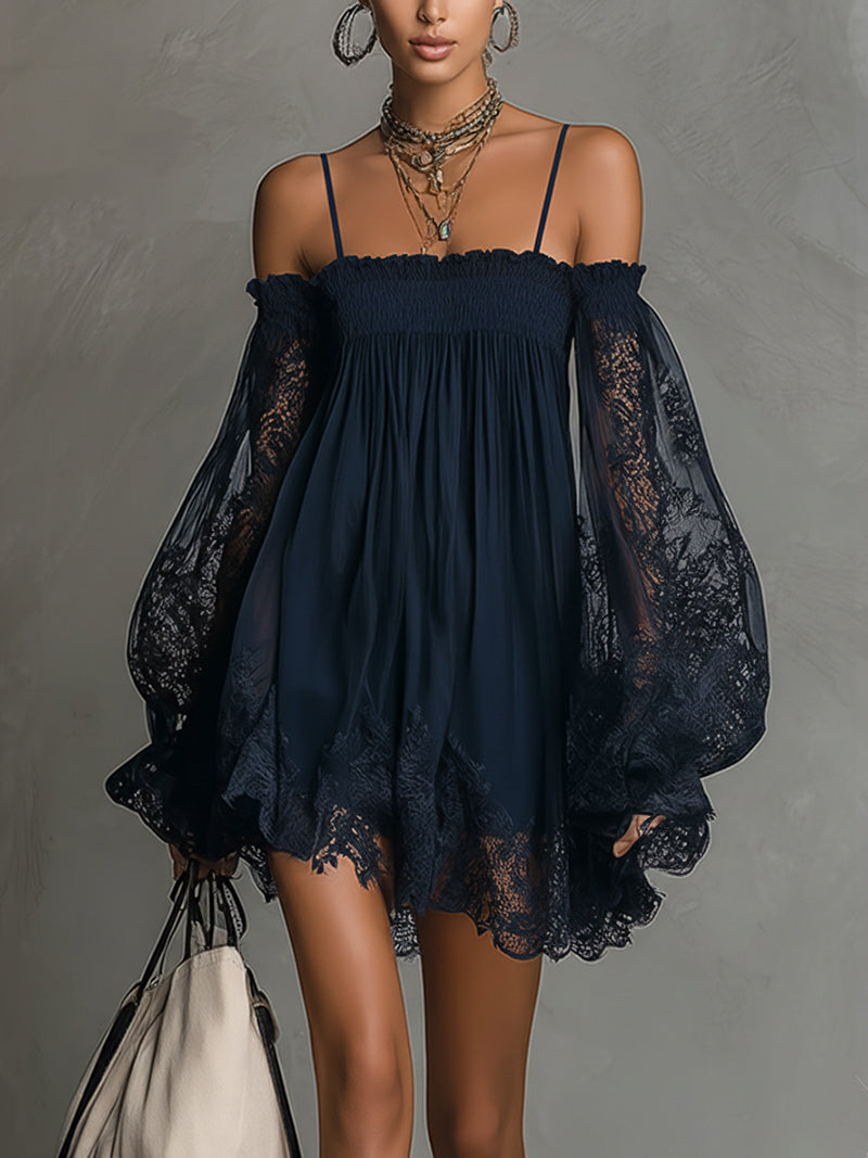 Noemi • Blue chiffon mini dress with bare shoulders, a lace hem and sheer sleeves