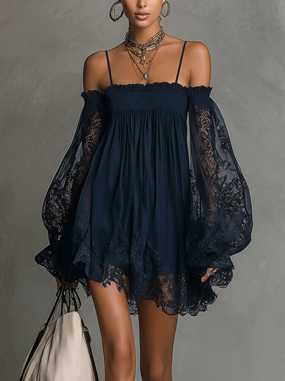 Noemi • Blue chiffon mini dress with bare shoulders, a lace hem and sheer sleeves