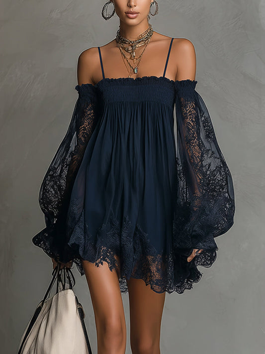 Noemi • Blue chiffon mini dress with bare shoulders, a lace hem and sheer sleeves