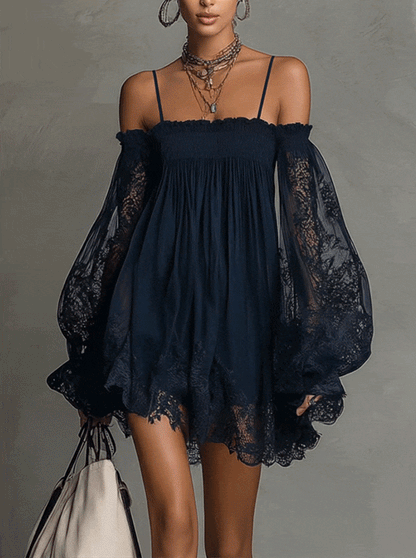 Noemi • Blue chiffon mini dress with bare shoulders, a lace hem and sheer sleeves