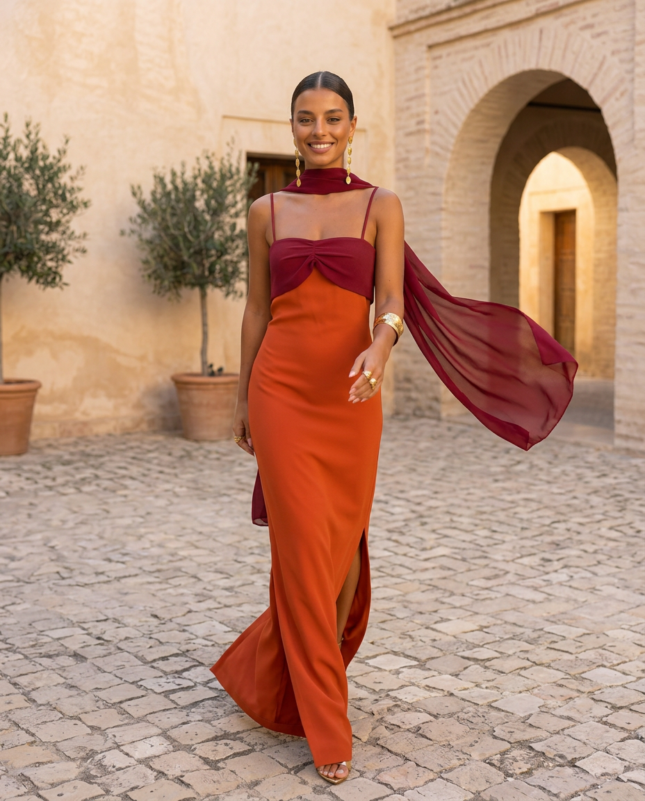 Zahara | Orange dress with a red neckline